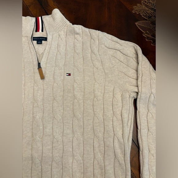 Tommy Hilfiger Cream Tan Cable Knit Pullover Sweater 1/4 Zip Neck Logo Men’s L - Picture 6 of 14